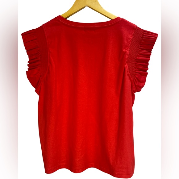 Evereve Red Ruffle Sleeve Blouse L Statement Short Sleeve Cotton Top - Picture 2 of 8